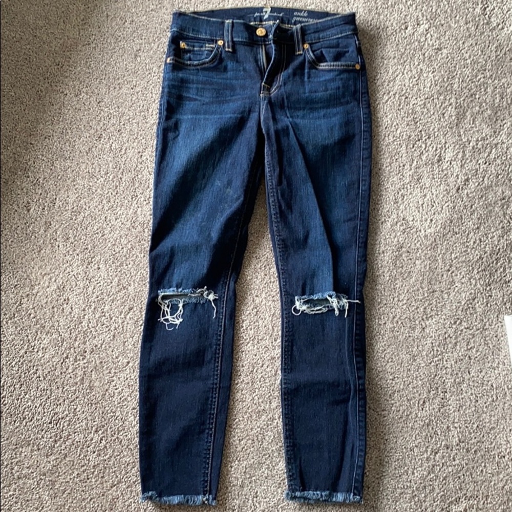 Dark wash, ripped frayed hem jeans